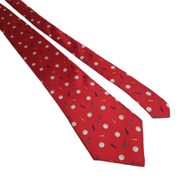 Vintage Alynn Necktie Red Golf Balls Tees Pattern 100 Silk Men Neckwear Dad Gift - Picture 1 of 6